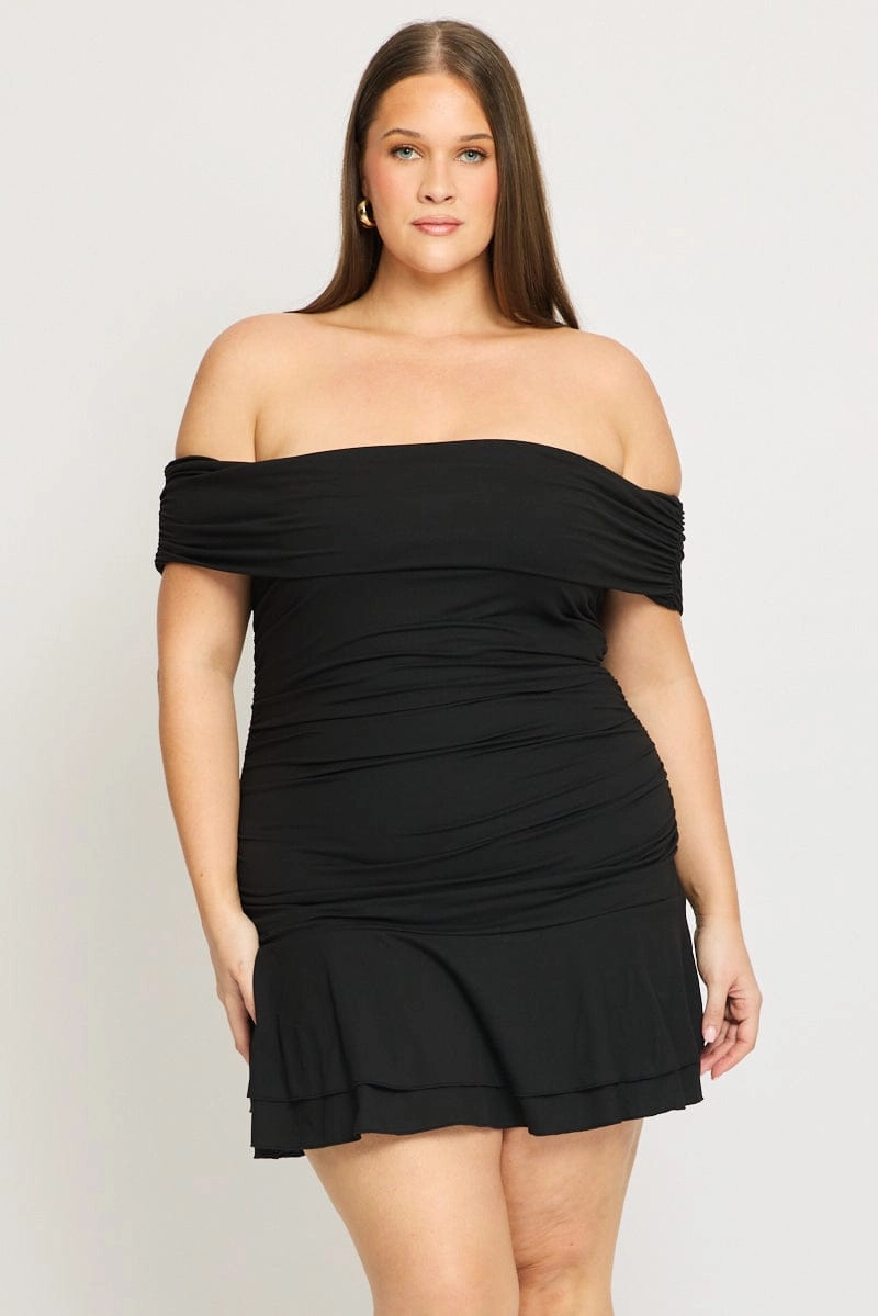 Black Off Shoulder Dress Ruched Jersey Monochrome Mood Winter Classic