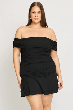 Black Off Shoulder Dress Ruched Jersey Monochrome Mood Winter Classic