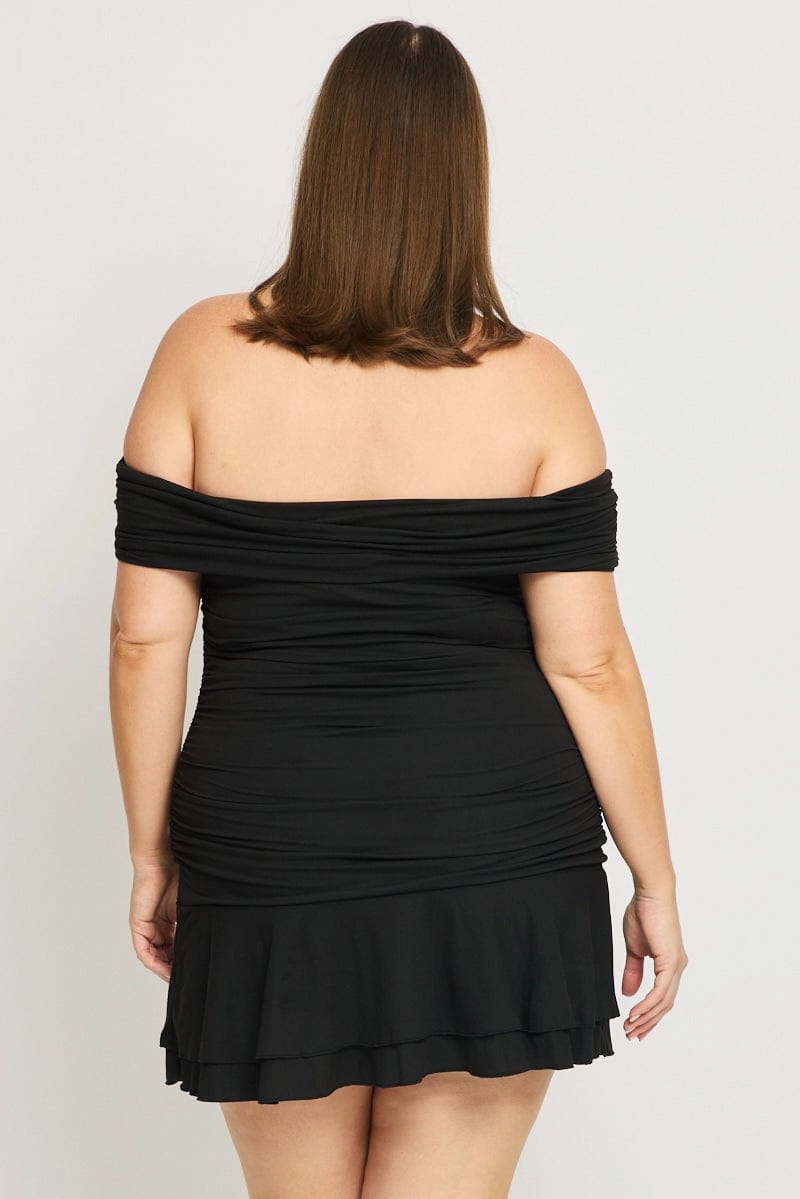 Black Off Shoulder Dress Ruched Jersey Casual Elegance