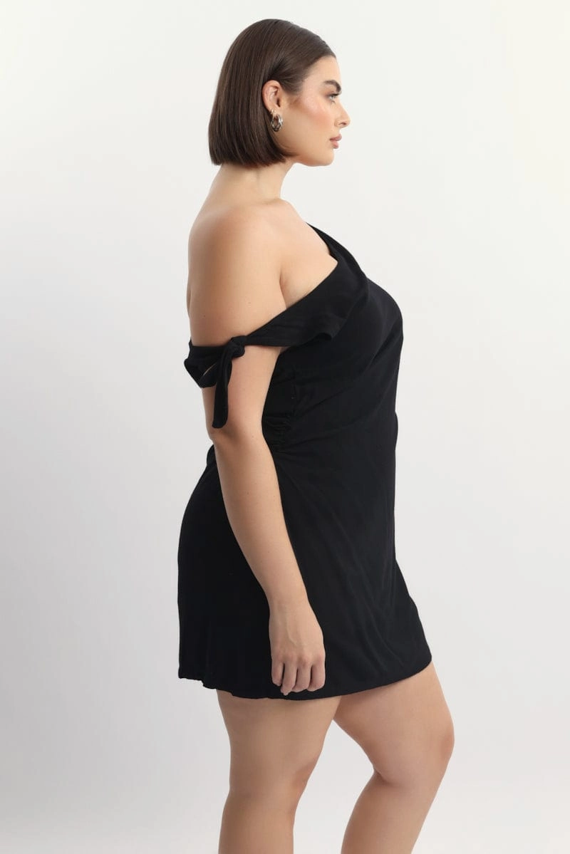 Smart Silhouette Seamless Finish Black Tie Shoulder Minidress