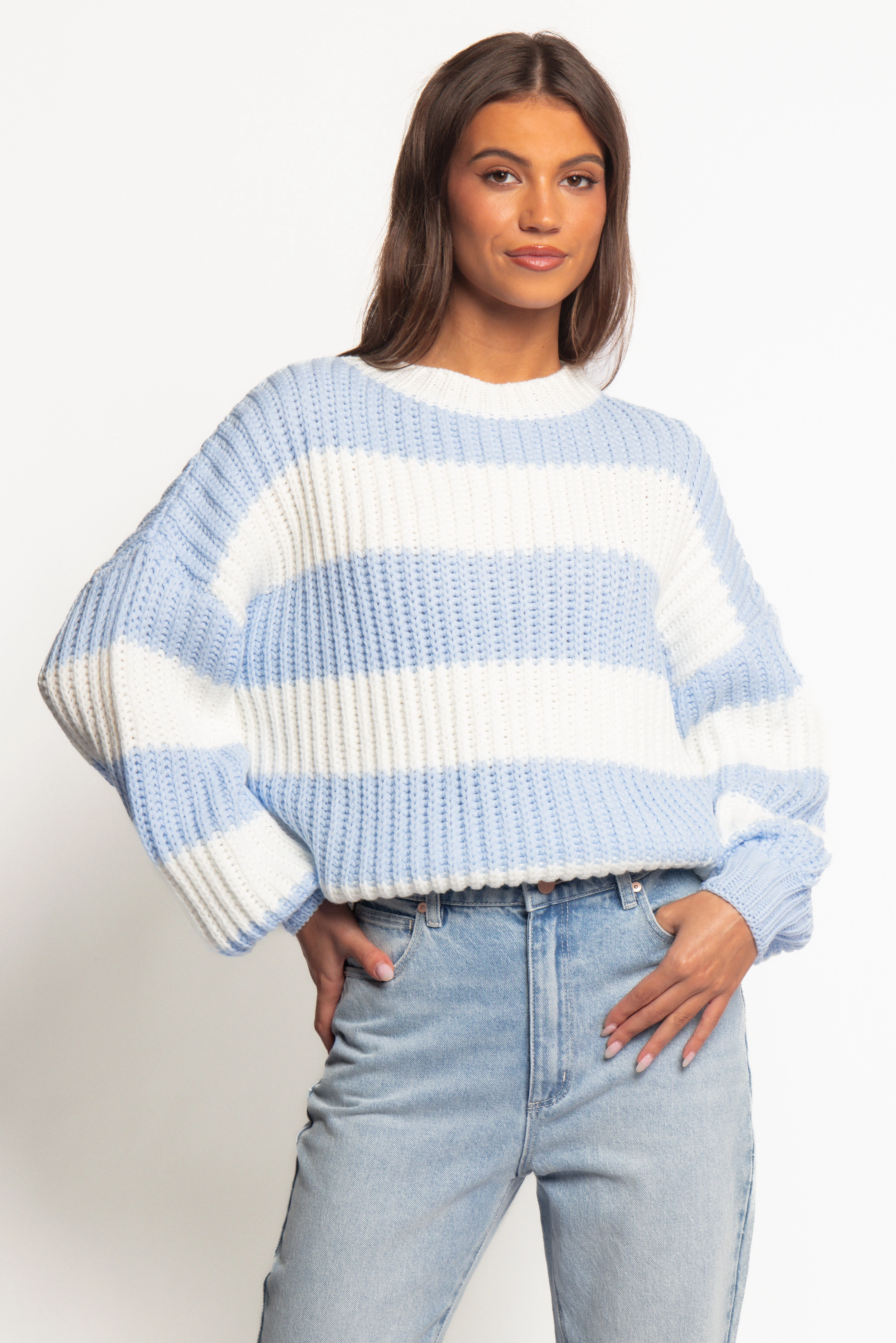 Timeless Pick Layered Weight Distribution Guide Courtney Thick Stripe Knit Sweater - Blue Cream