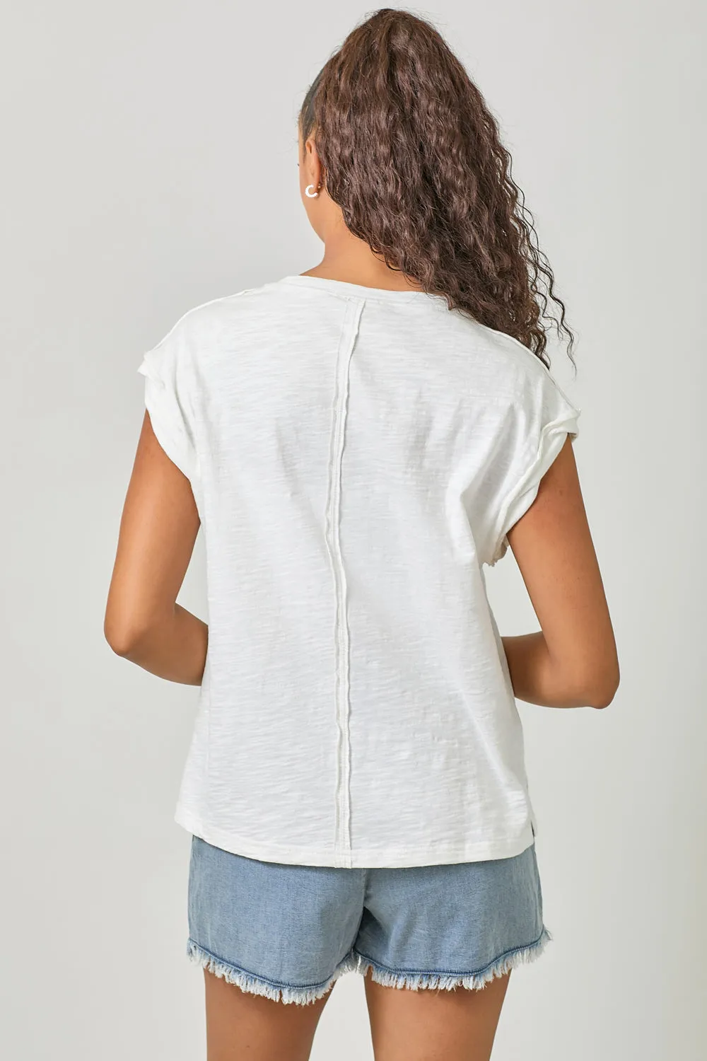 Stretch Material Sleek Waist Washed Slouchy Essential Tee | Vintage White, Washed Tomato, Ice Blue Recycled Fiber Blend