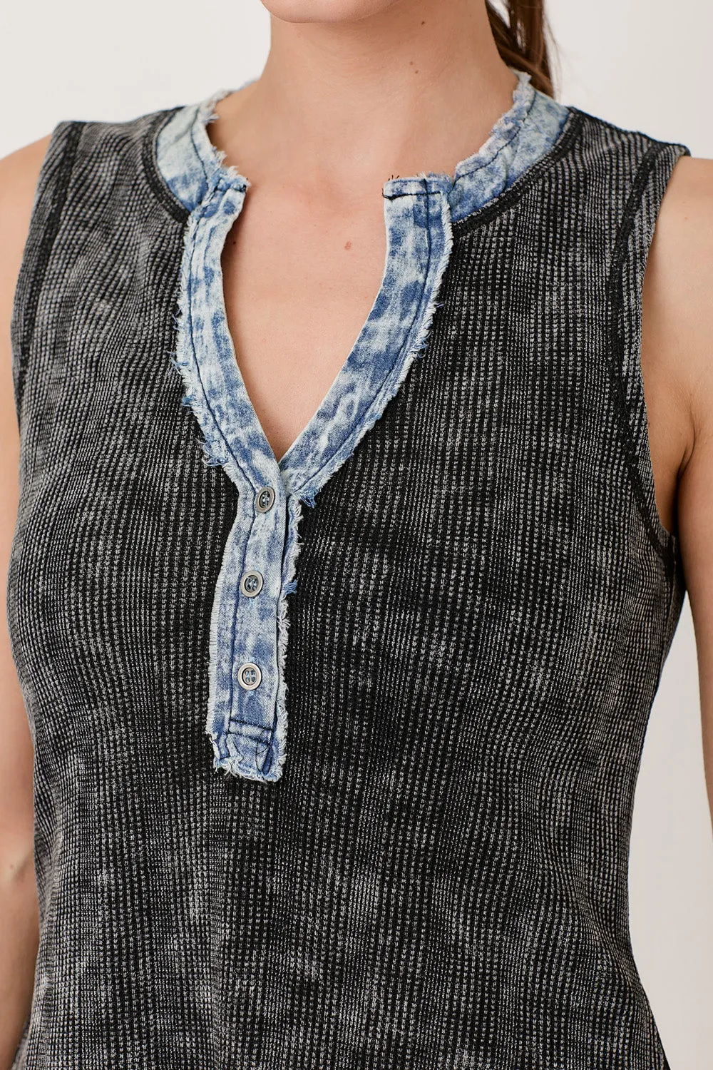 Washed Thermal Sleeveless Henley Top | Black, Cream Linen blend Street Trendy