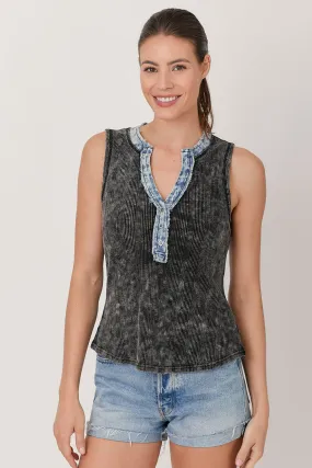 Washed Thermal Sleeveless Henley Top | Black, Cream Linen blend Weekend Wear Leisure Casual