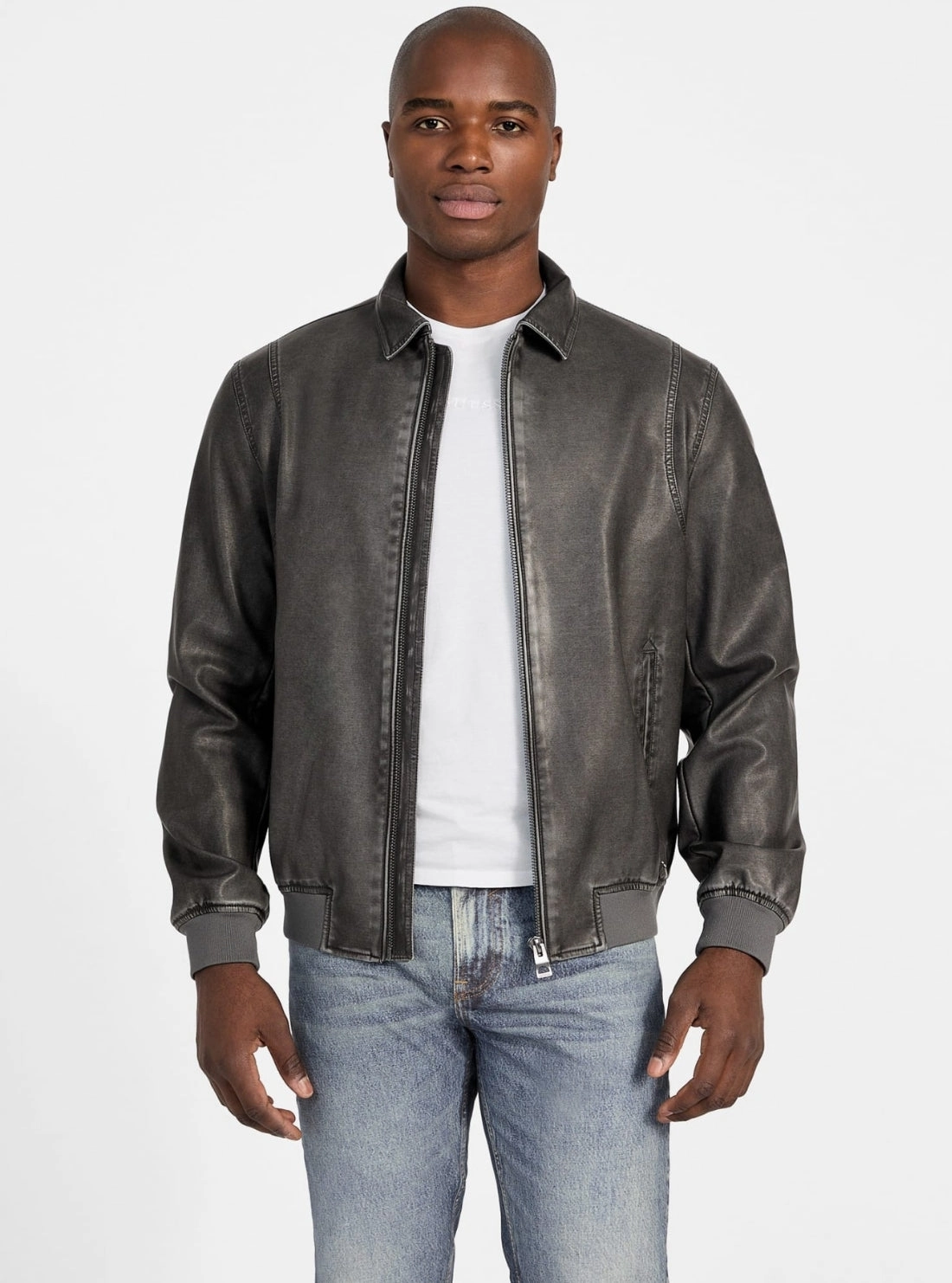 Black Faux-Leather Aviator Bomber Jacket Smooth Zipper Action