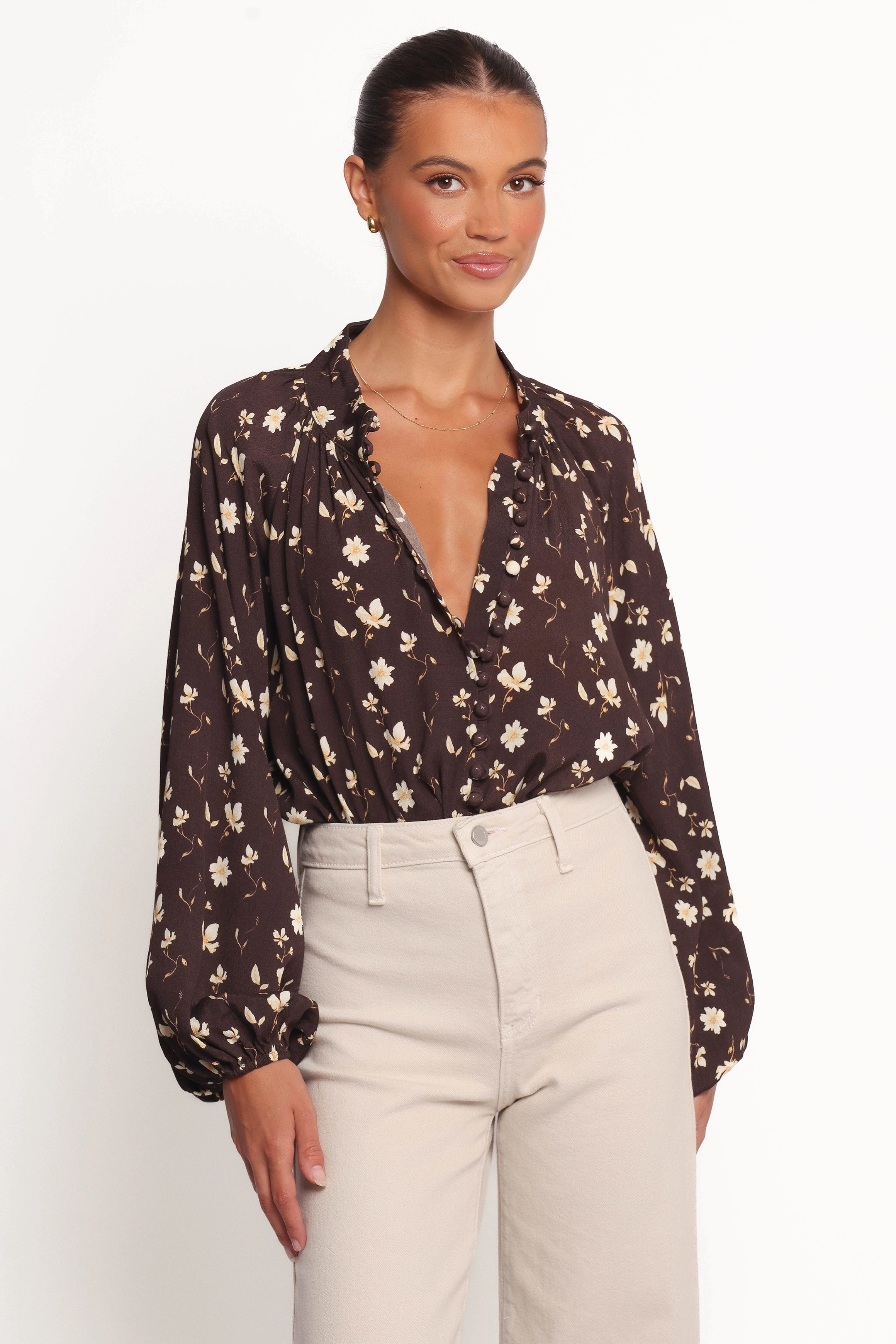 Marni Top - Brown Ditsy Quick Dry Construction