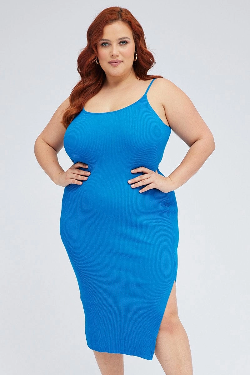 Blue Midi Knit Bodycon Dress Scoop Neck Sleeveless Smooth Finish