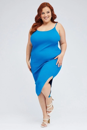 Blue Midi Knit Bodycon Dress Scoop Neck Sleeveless Comfy Yet Stylish