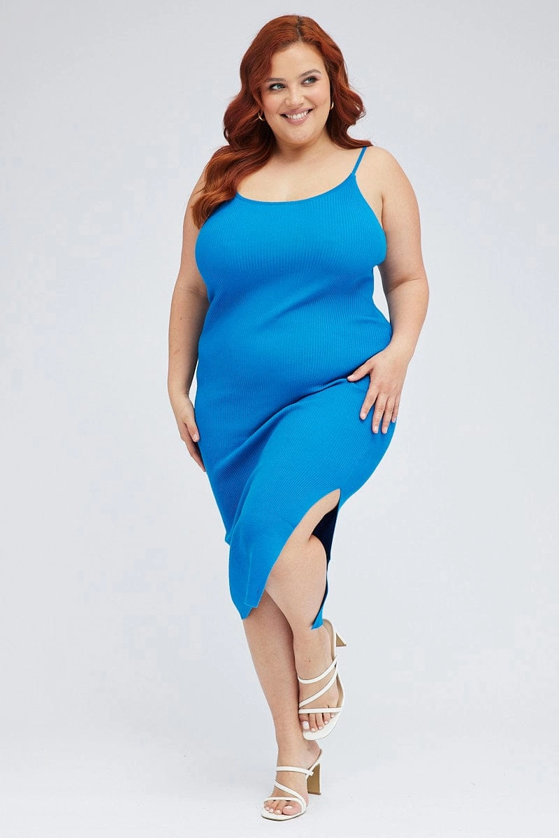 Blue Midi Knit Bodycon Dress Scoop Neck Sleeveless Comfy Yet Stylish