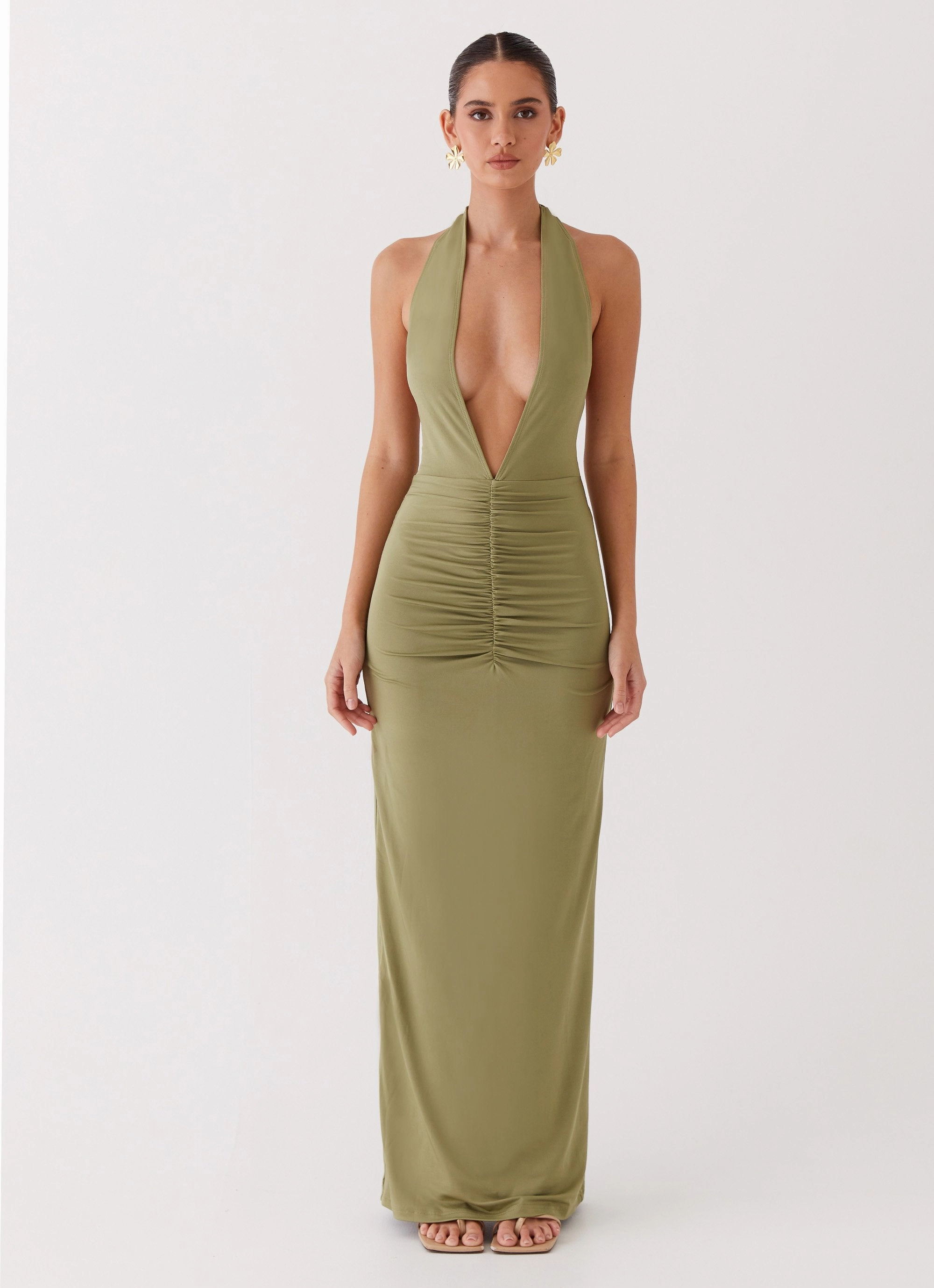 Light Fit Urban Line Whisked Away Halterneck Maxi Dress - Olive