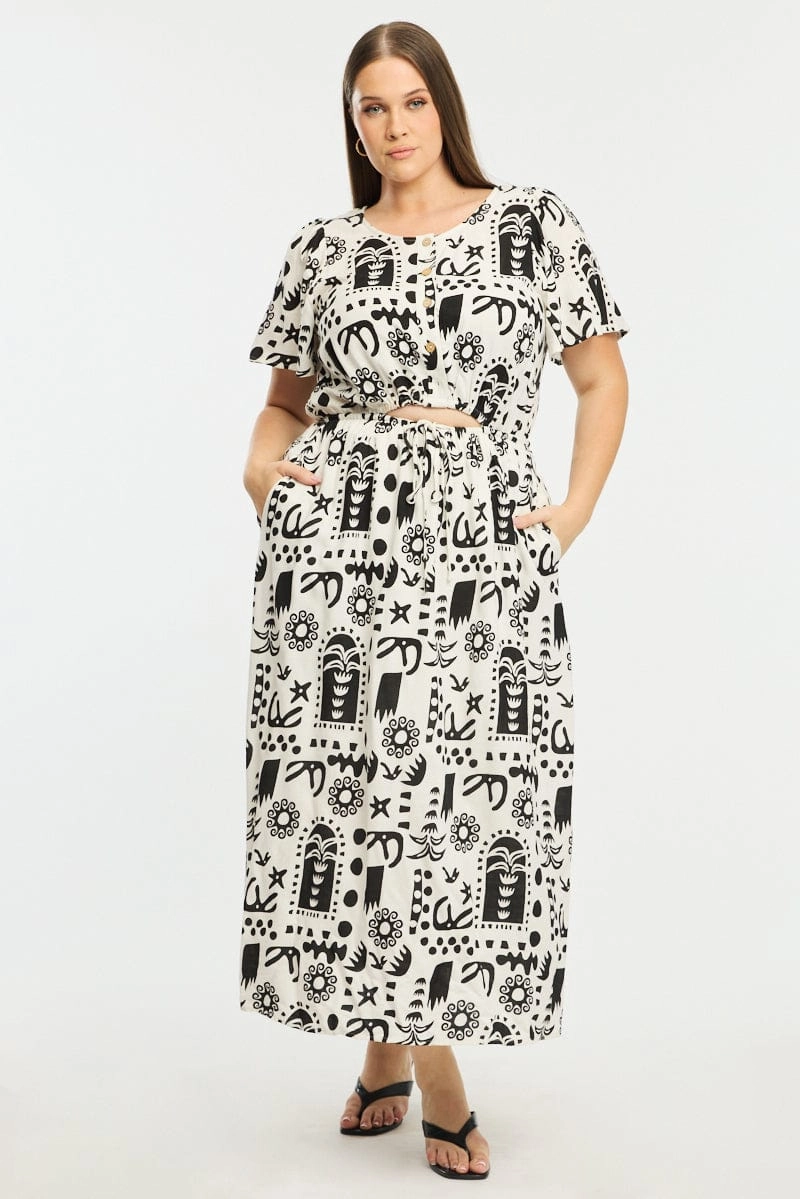 White Abstract Midi Dress Short Sleeve Cut Out Linen Blend All-Purpose Wear Smocked-Detail