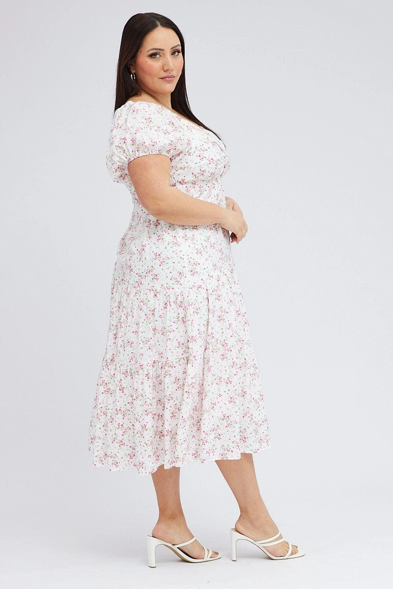 Body Ease White Ditsy Midi Dress Short Sleeve Cut Out Tiered