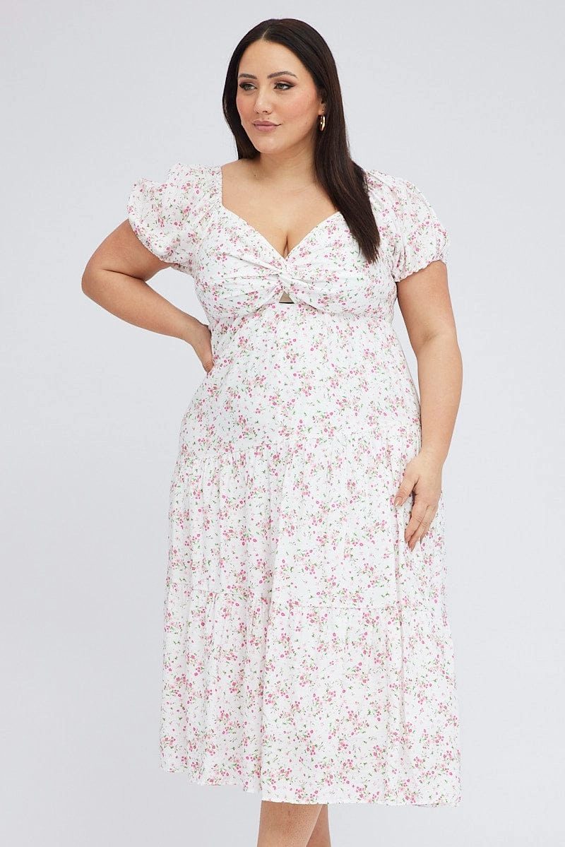 Weekend Feel White Ditsy Midi Dress Short Sleeve Cut Out Tiered