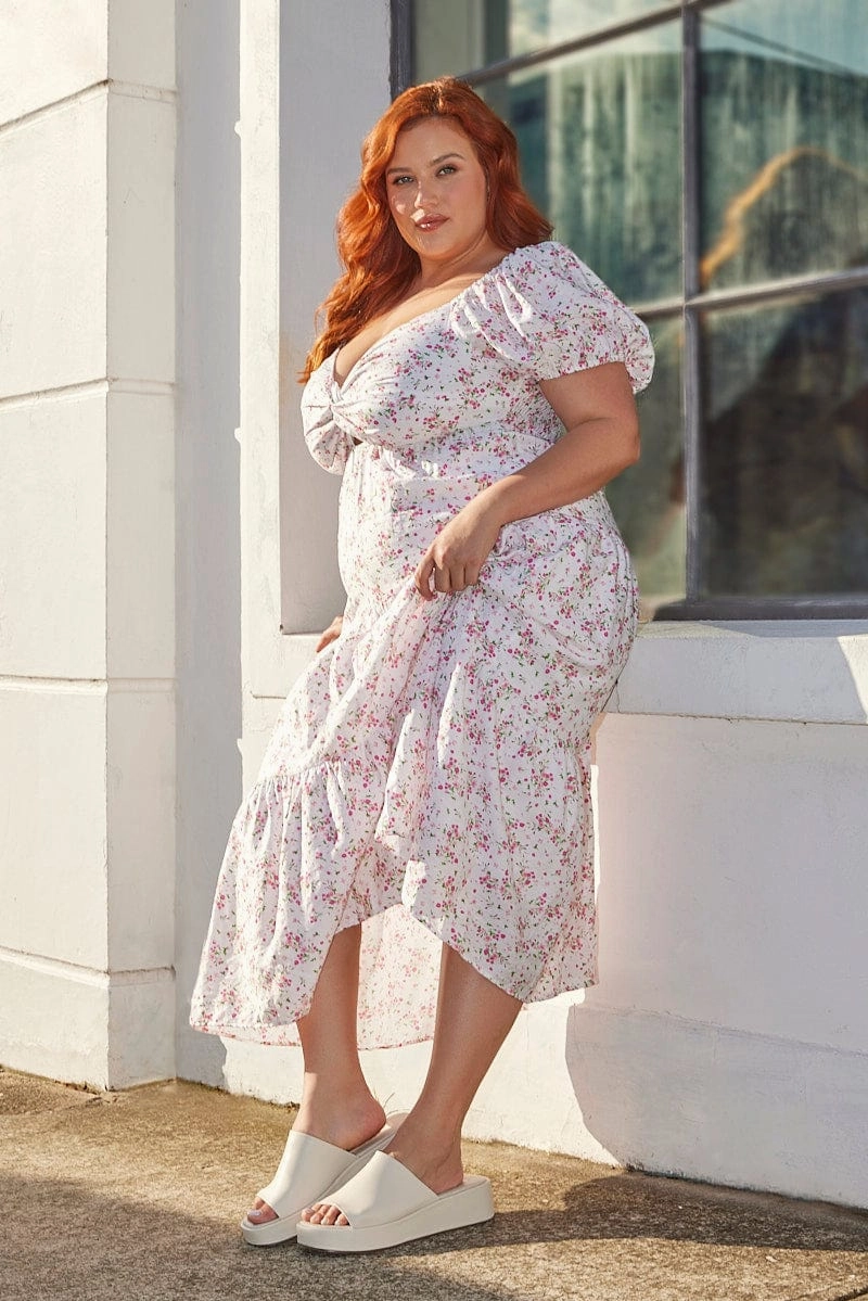White Ditsy Midi Dress Short Sleeve Cut Out Tiered Resort Vibes
