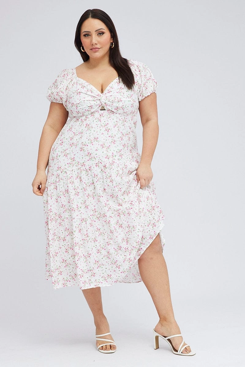 Tactile Feel White Ditsy Midi Dress Short Sleeve Cut Out Tiered