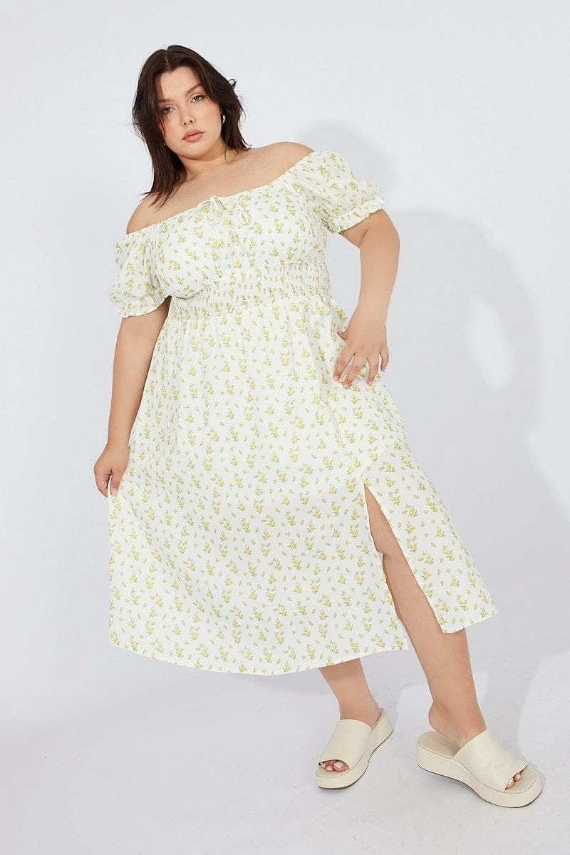 Morning Glow White Ditsy Midi Dress Short Sleeve Ruched Bust