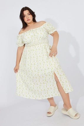 Morning Glow White Ditsy Midi Dress Short Sleeve Ruched Bust