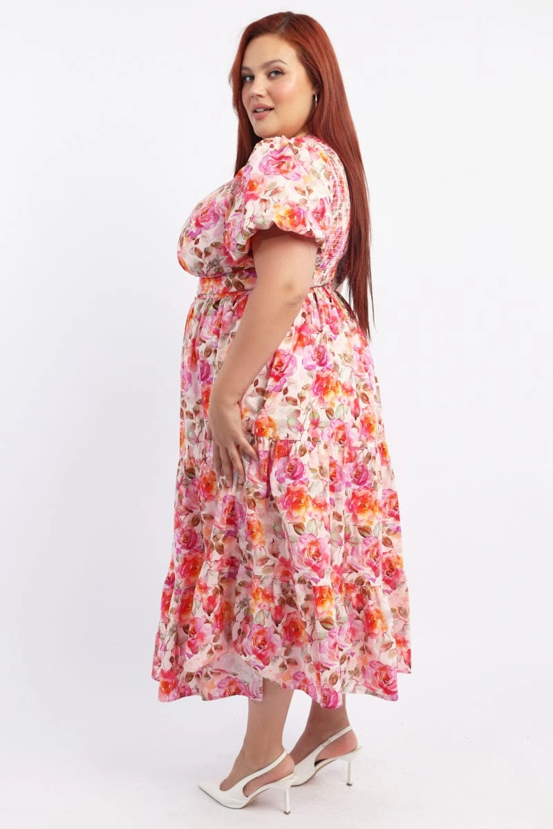 White Floral Midi Dress Short Sleeve Cut Out Textured Belted-Style