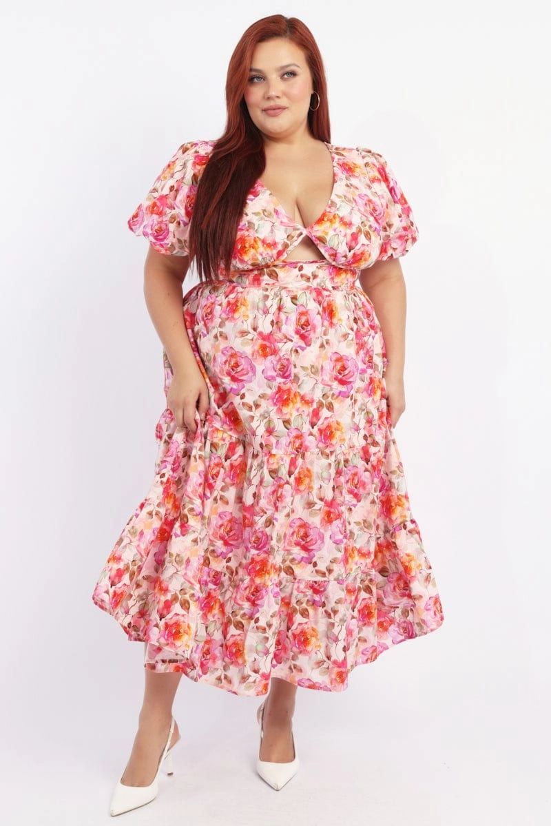 White Floral Midi Dress Short Sleeve Cut Out Textured Linen Vibe Sunset Hour