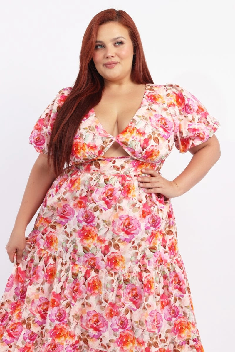 White Floral Midi Dress Short Sleeve Cut Out Textured French Vibe