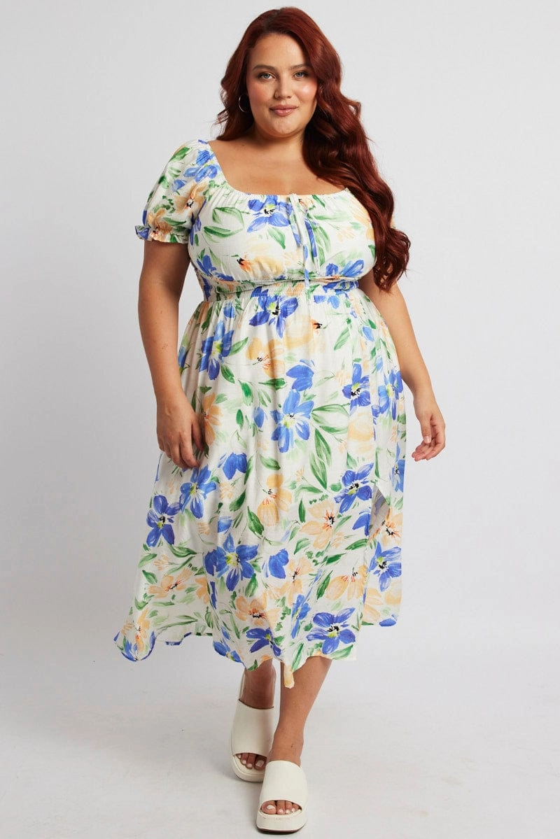 White Floral Midi Dress Short Sleeve Ruched Bust Fit Mood