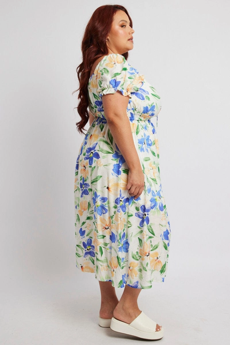 Natural Texture All-day style White Floral Midi Dress Short Sleeve Ruched Bust