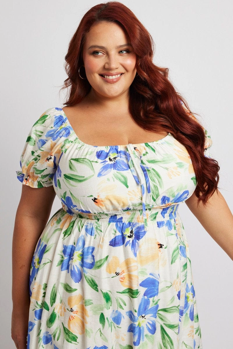 Thermal-Lined White Floral Midi Dress Short Sleeve Ruched Bust