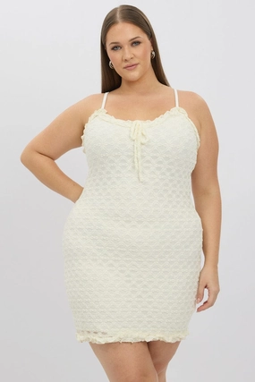 Soft Waist White Frill Bow Trim Stretch Lace Minidress