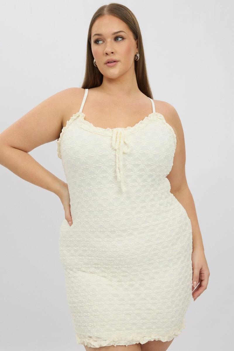 Elegant Everyday Sculpted Detail White Frill Bow Trim Stretch Lace Minidress