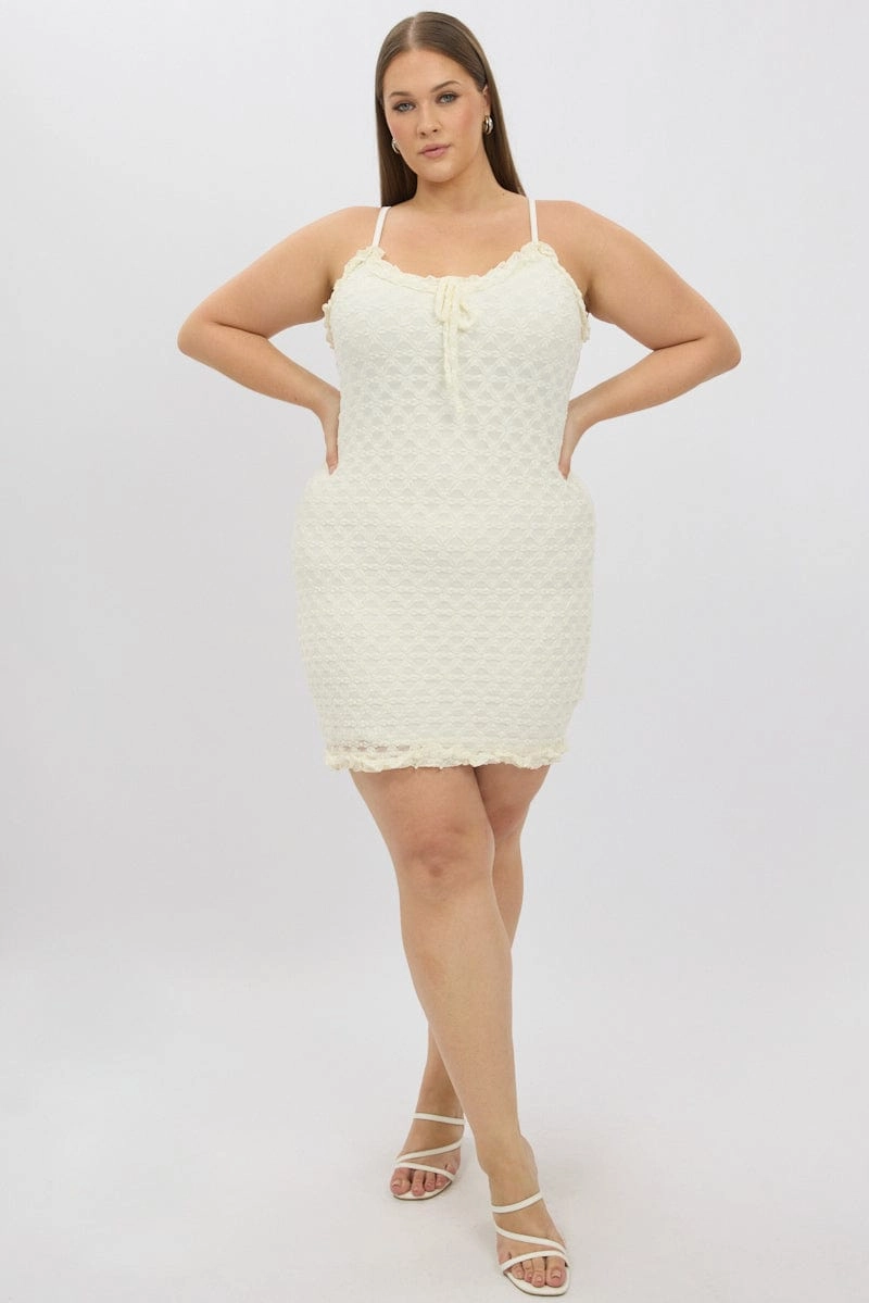 Gentle Motion White Frill Bow Trim Stretch Lace Minidress