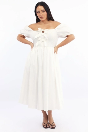 Light material UV-Resistant White Midi Dress Short Sleeve Shirred Body Ribbon Front