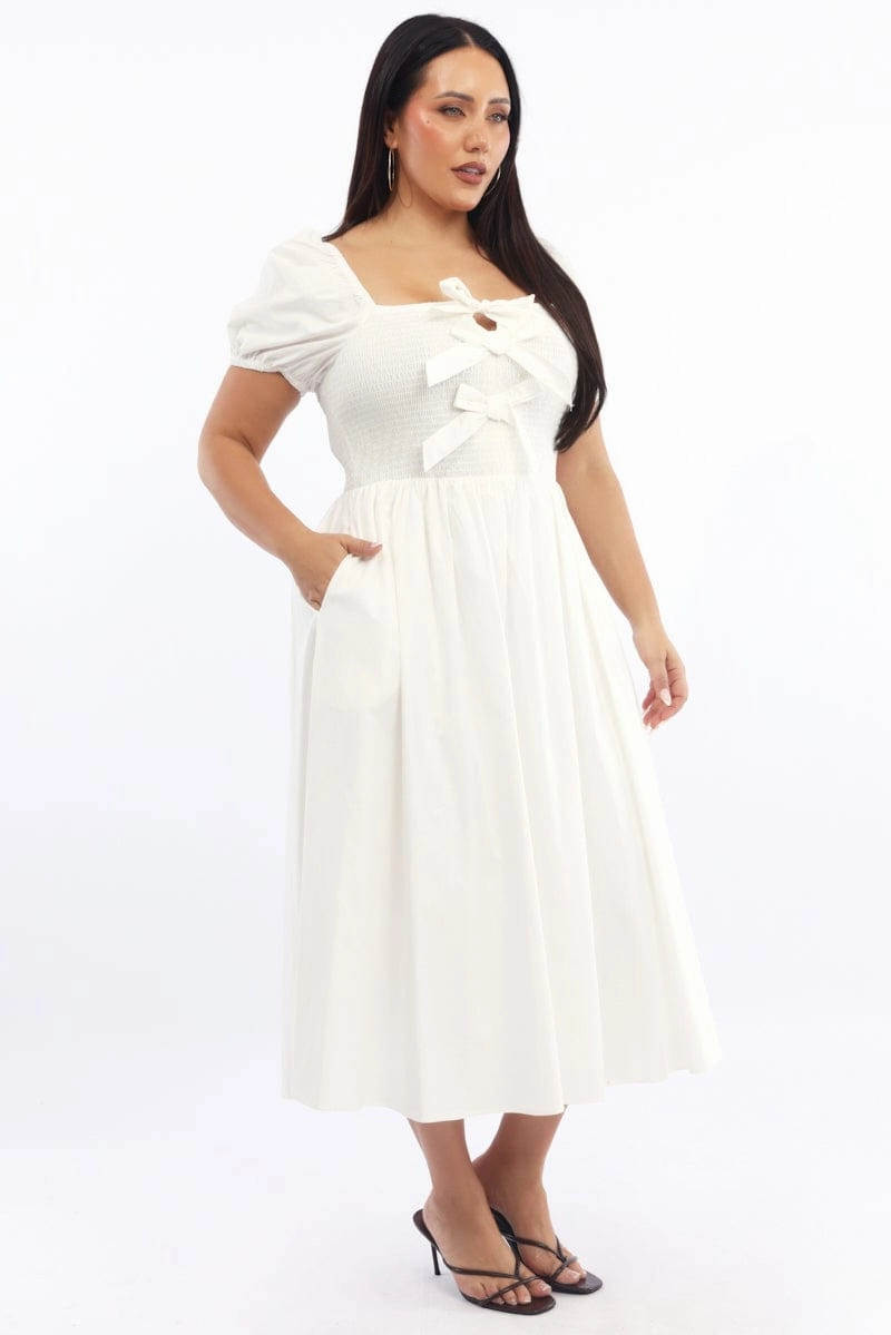 Cozy Vibe Trendy Piece White Midi Dress Short Sleeve Shirred Body Ribbon Front