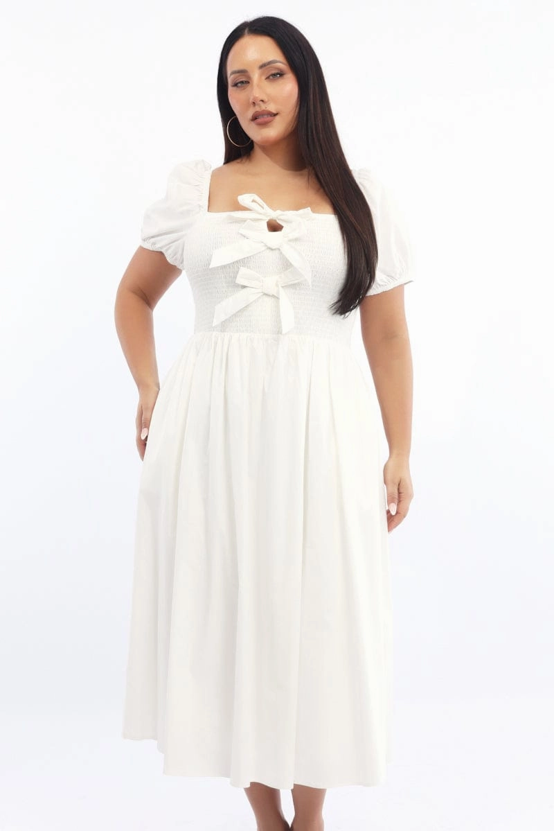 Flattering Cut Event Favorite White Midi Dress Short Sleeve Shirred Body Ribbon Front