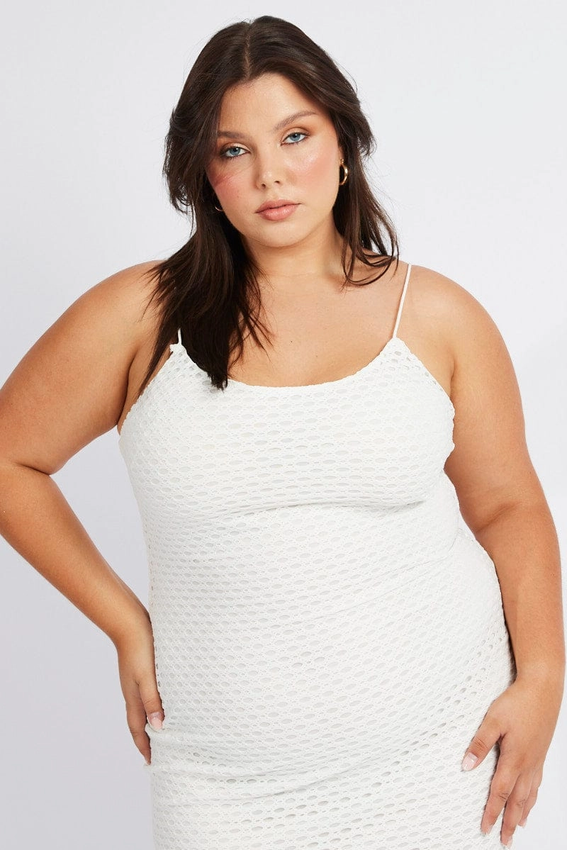 White Open Knit Bodycon Maxi Dress BreathableLining Family Warm