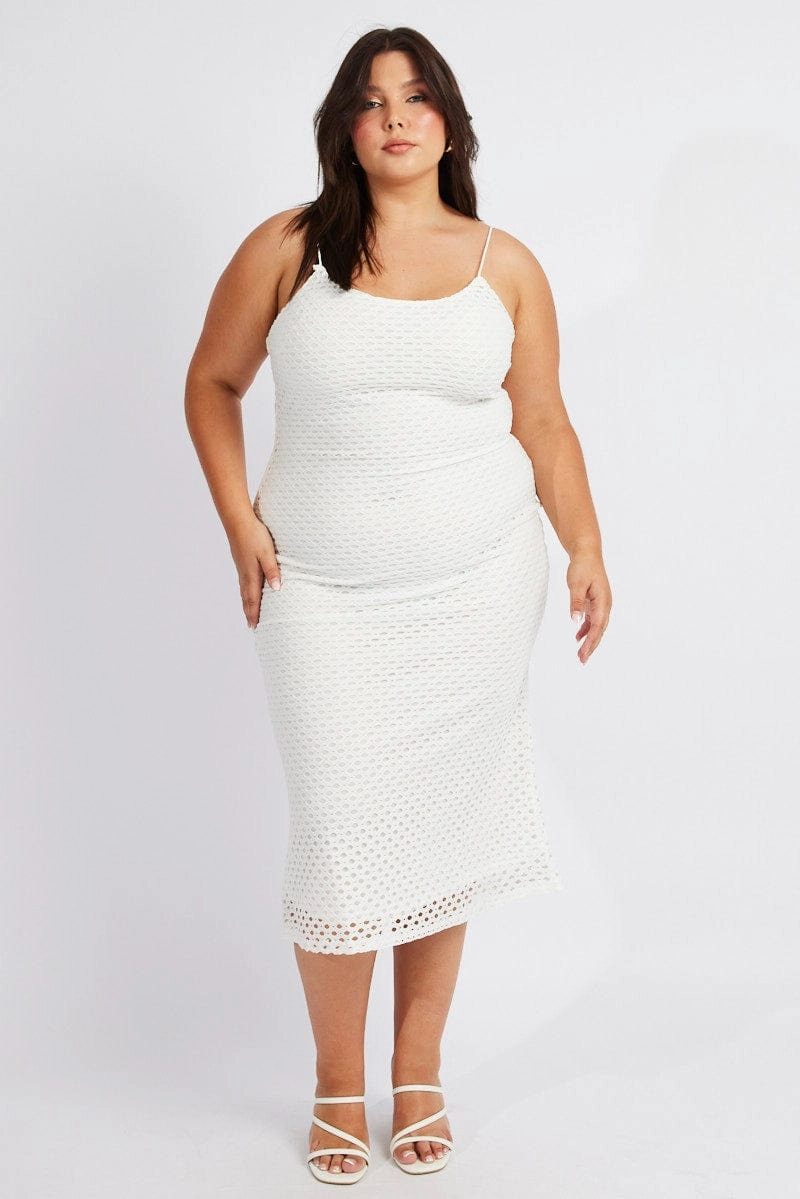 White Open Knit Bodycon Maxi Dress Simple Flow Flow Line