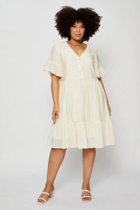 Resort Outfit White Skater Dress V-neck Short Sleeve Ruffle Hem