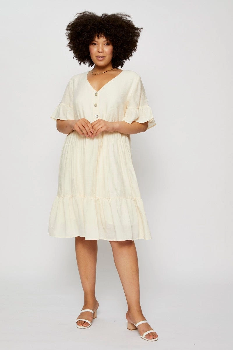 Shape Hug White Skater Dress V-neck Short Sleeve Ruffle Hem