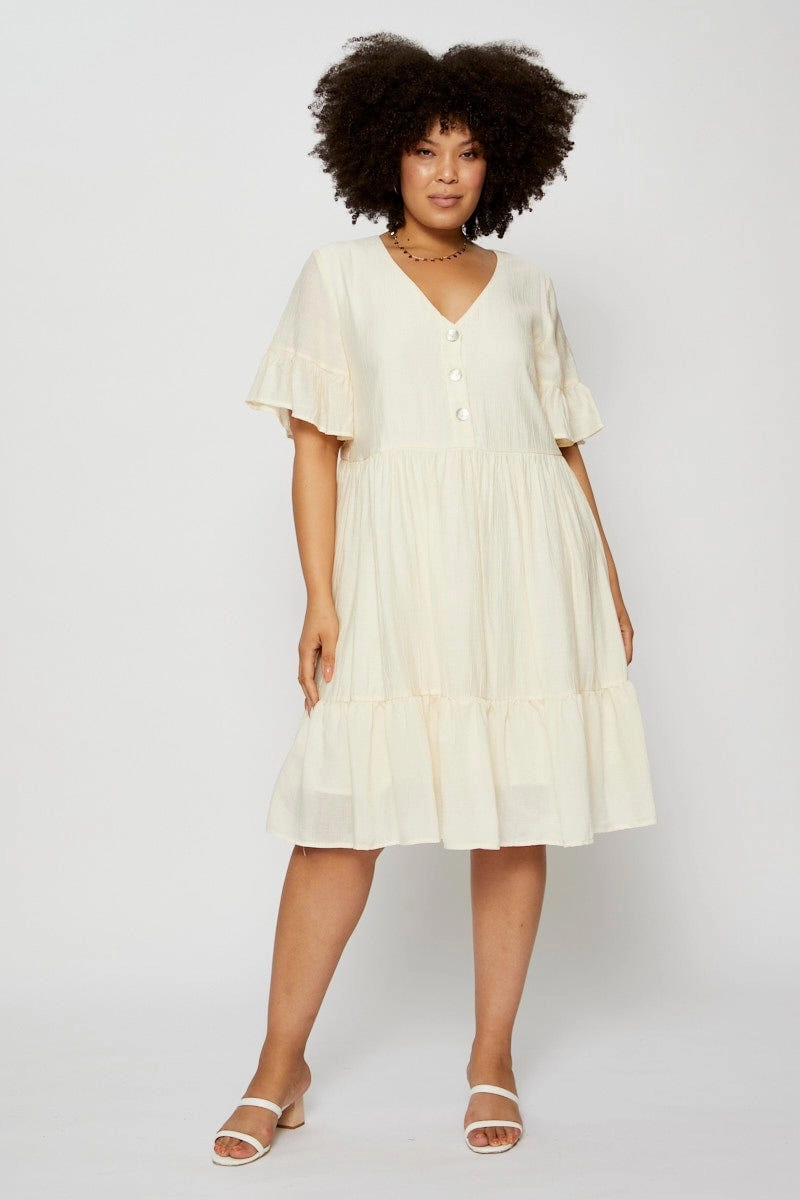 Resort Outfit White Skater Dress V-neck Short Sleeve Ruffle Hem