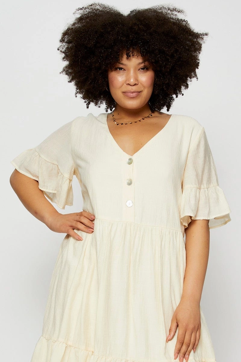 White Skater Dress V-neck Short Sleeve Ruffle Hem Natural Silhouette Season Ready