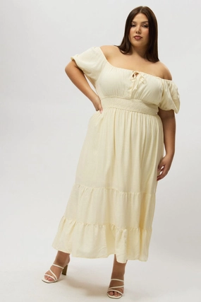 White Tiered Midi Dress Short Sleeve Ruched Bust Work Appropriate Flexible Comfort