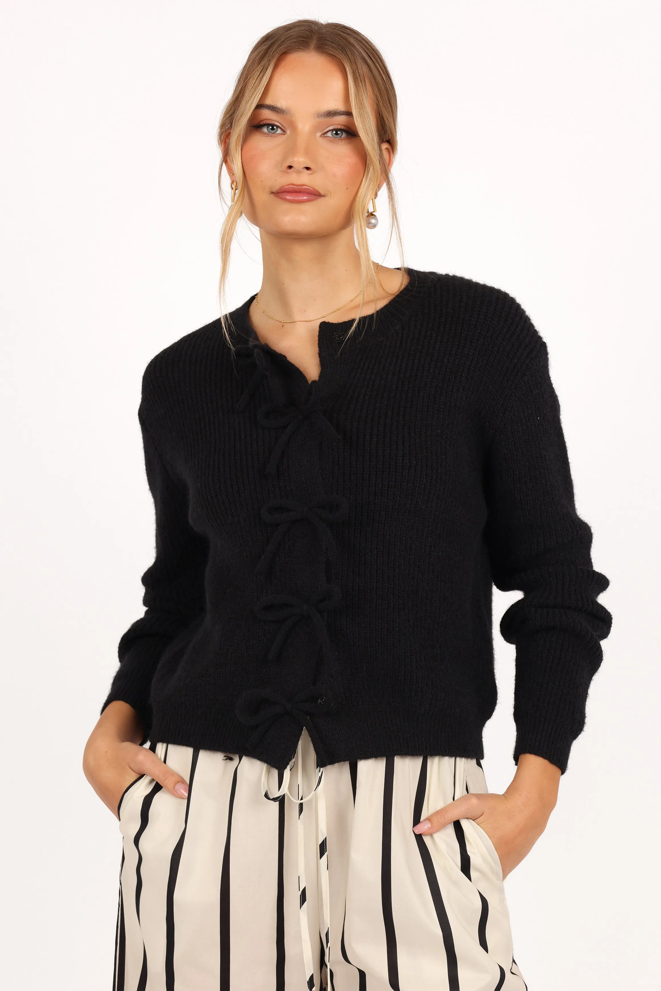 Layer Trend Flexible Edging Wilde Bow Front Cardigan - Black