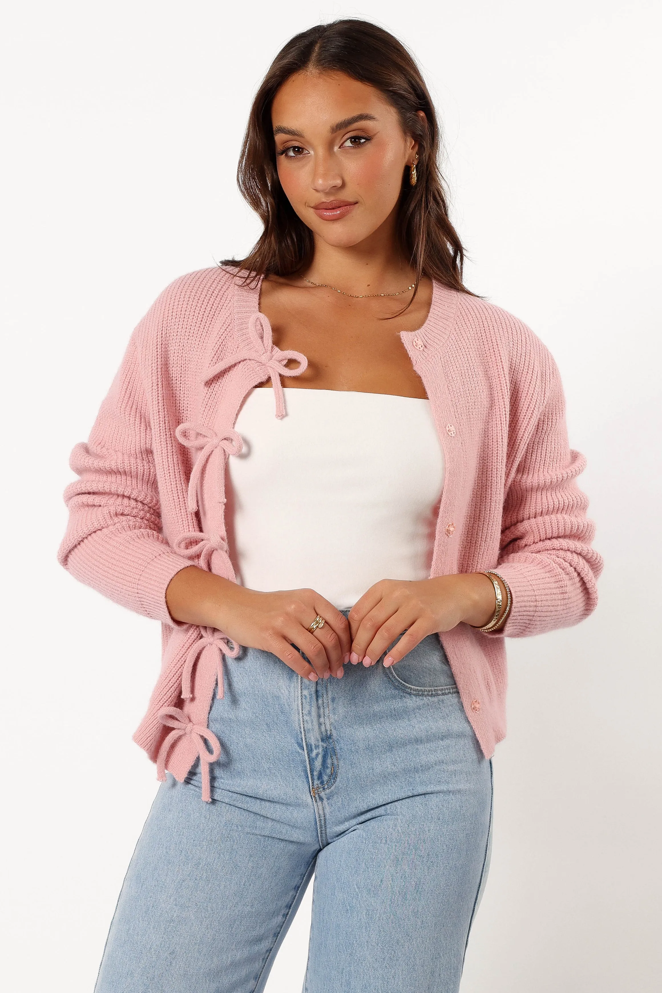 Wilde Bow Front Cardigan - Blush Ventilated Armhole Design Brushed Inner Layer