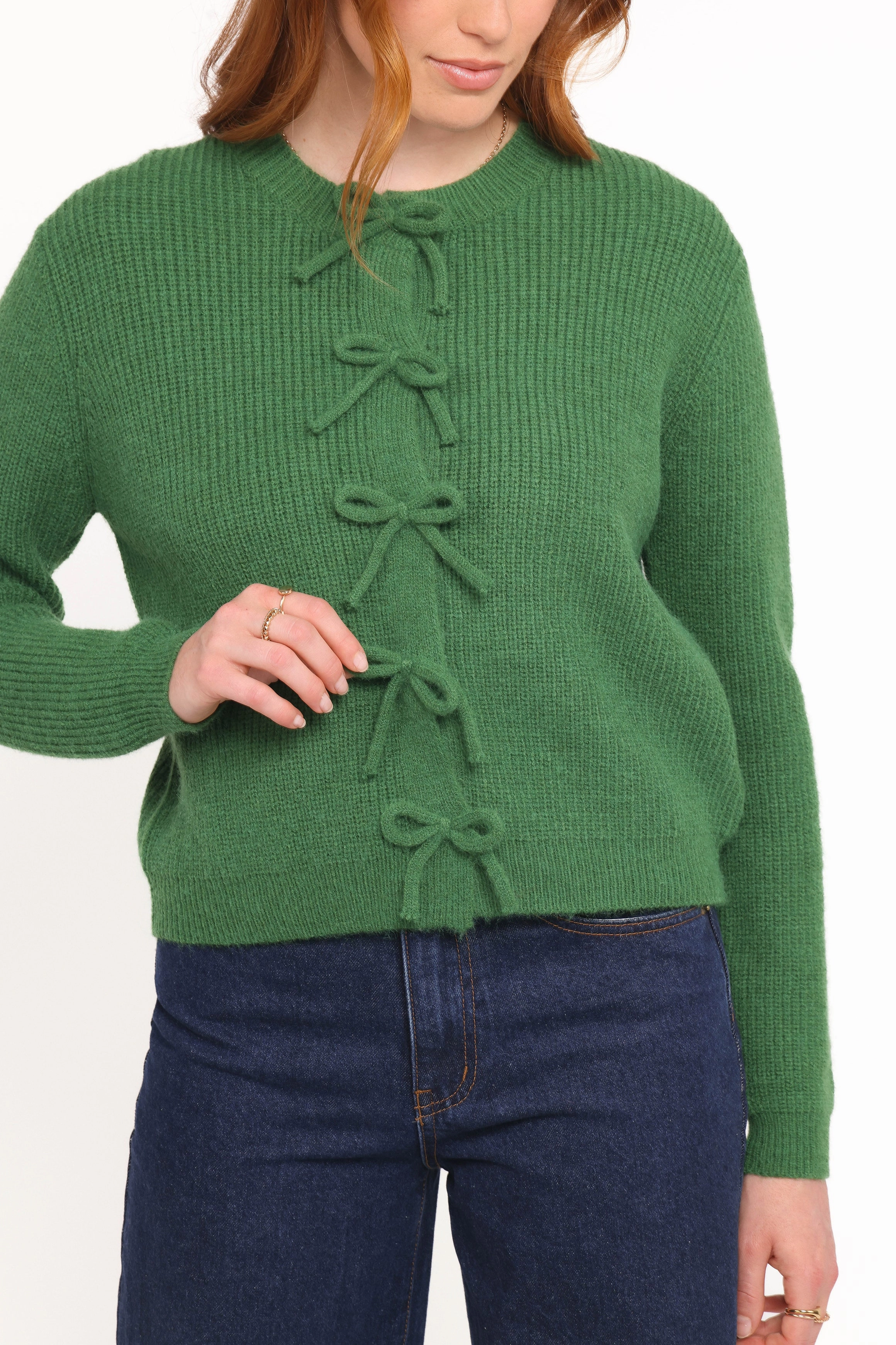Essential Layer Modern Texture Wilde Bow Front Cardigan - Green