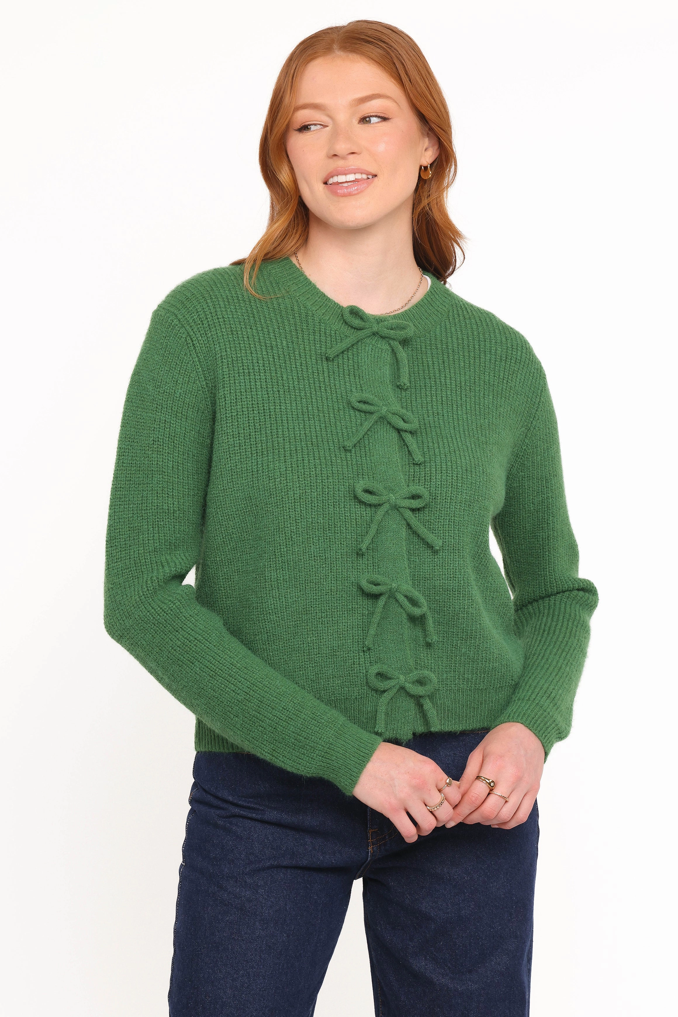 Wilde Bow Front Cardigan - Green Low Maintenance Knit Four Way Stretch