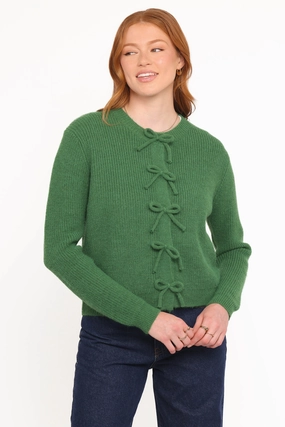 Wilde Bow Front Cardigan - Green Low Maintenance Knit Four Way Stretch
