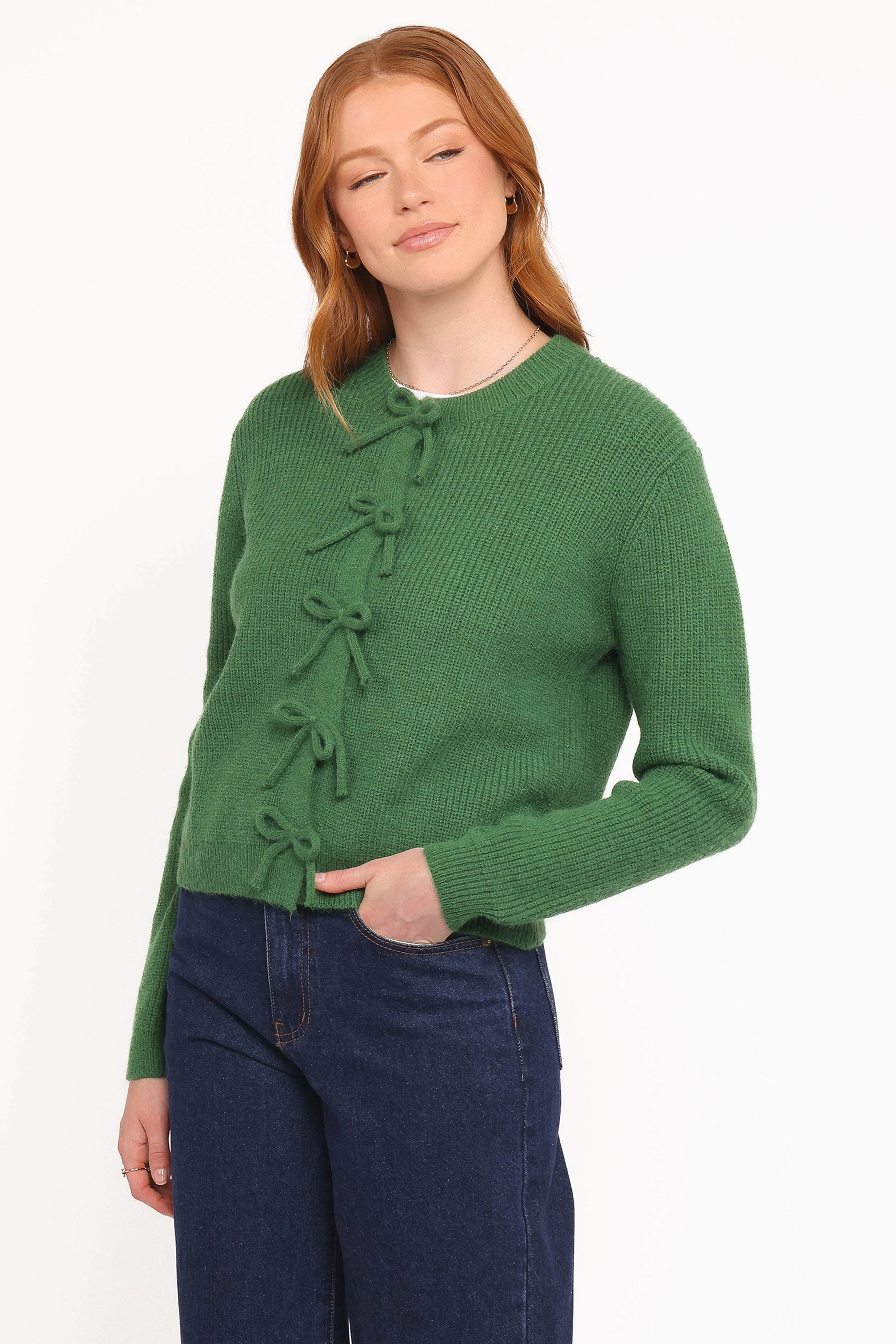 Textured Surface Wilde Bow Front Cardigan - Green