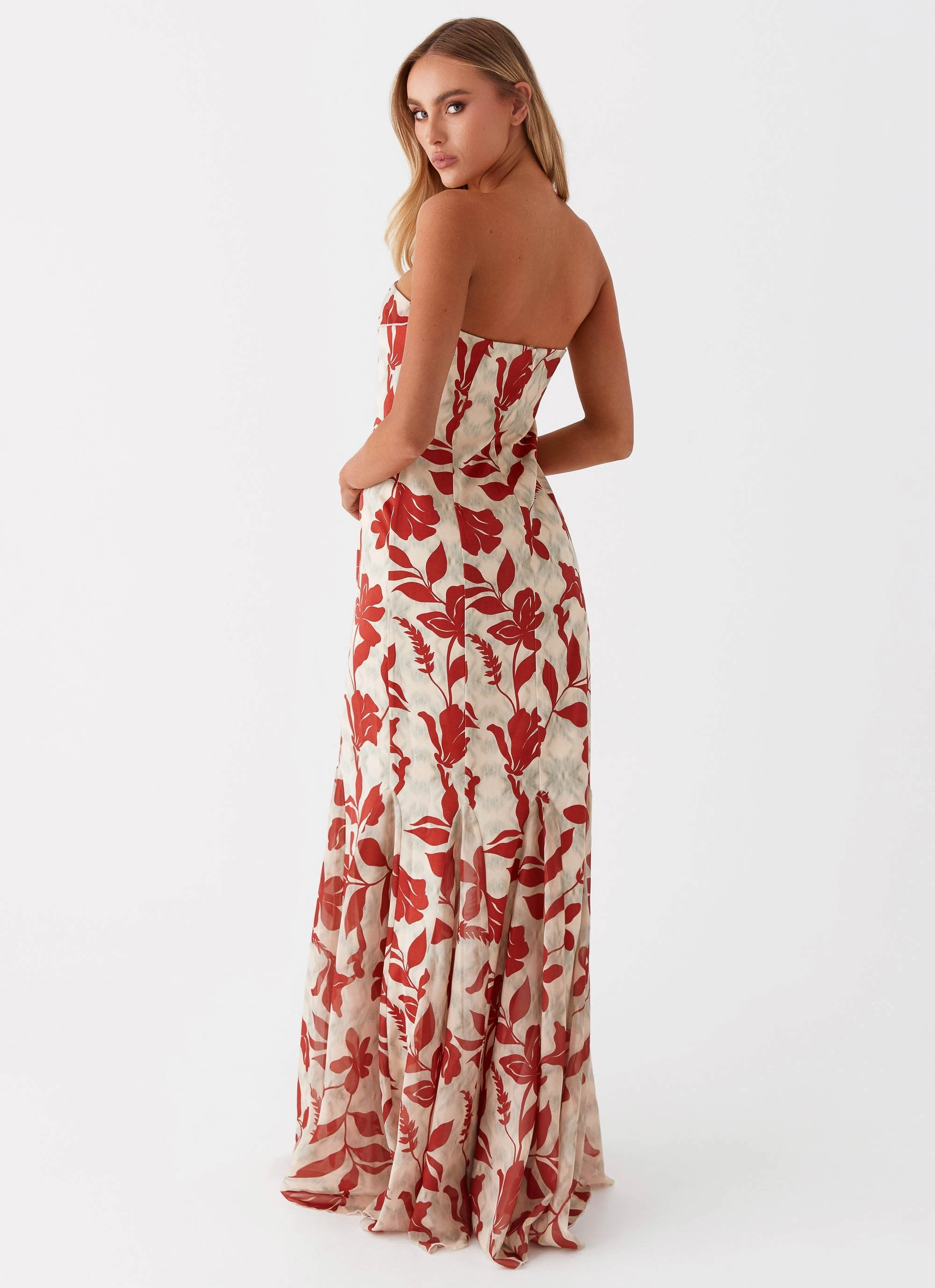 Willa Maxi Dress - Red Green Floral Jewel Tones Shade Glow