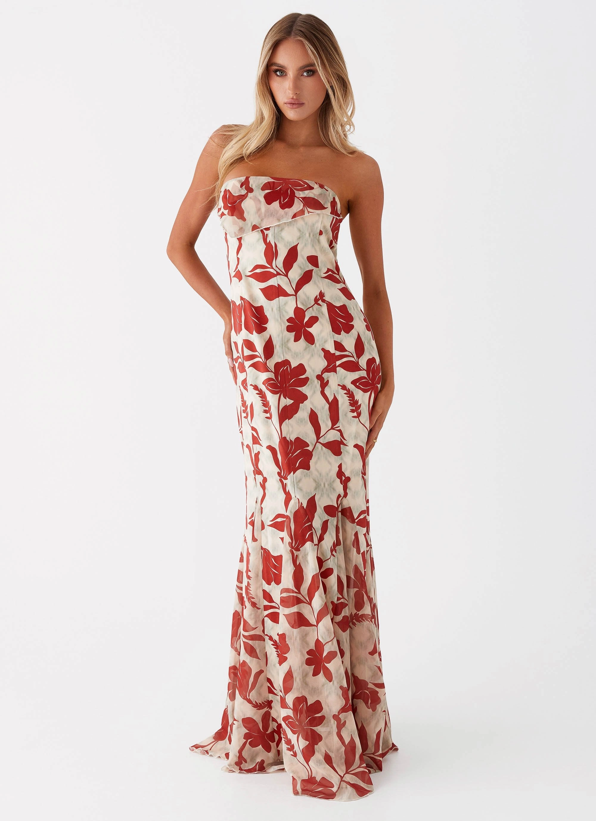Midi-Length Willa Maxi Dress - Red Green Floral