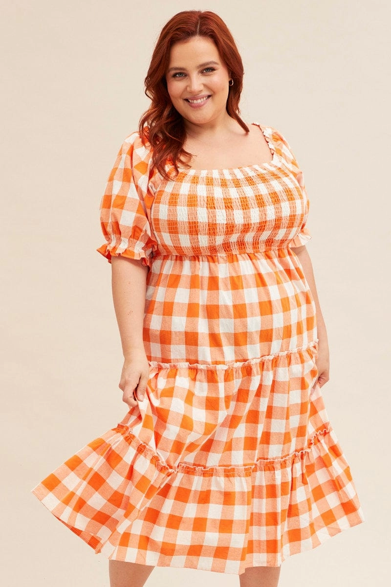 Shine Finish Chic beachwear dress Check Short Sleeve Check Shirred Midi Dress