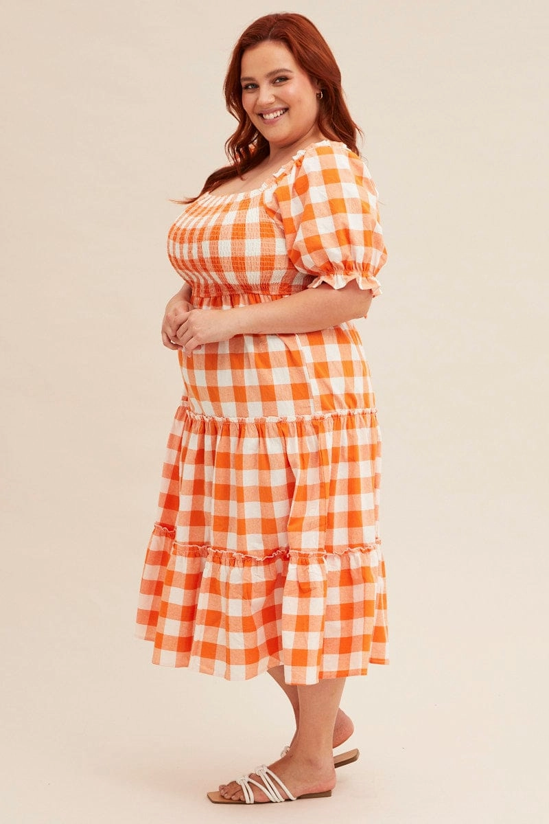 Night Style Check Short Sleeve Check Shirred Midi Dress